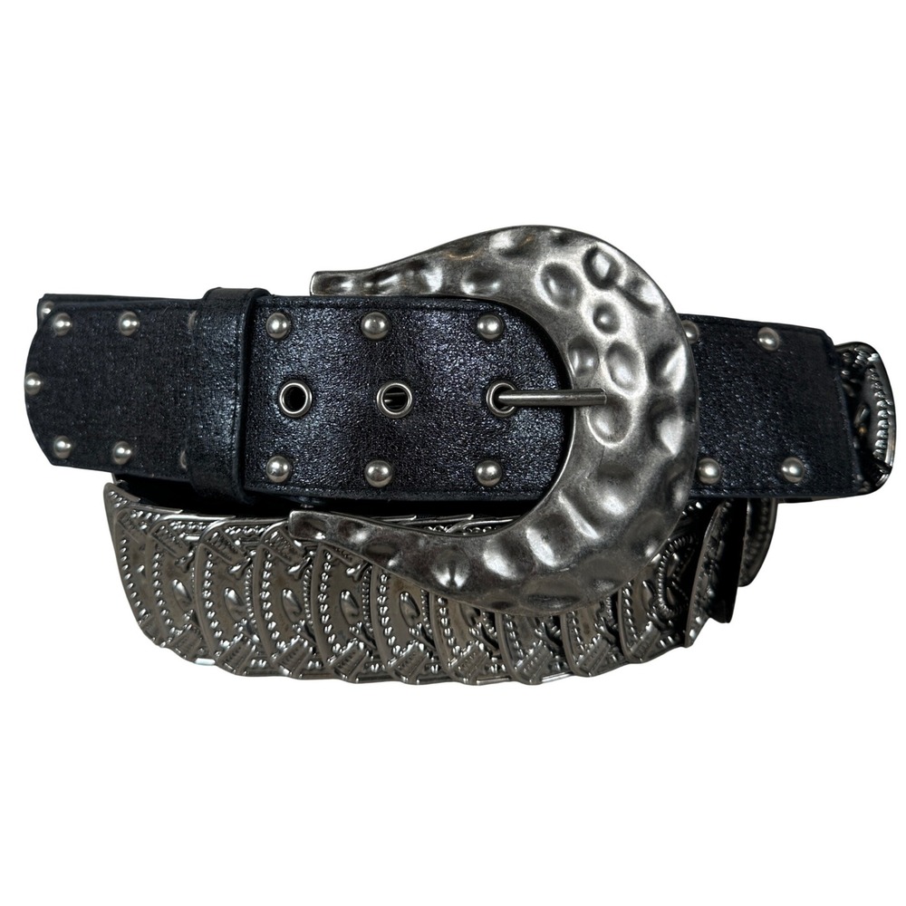 Western Black Stretch Belt Hammered Silver Tone Buckle Concho Studded Cowgirl